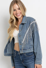 Ladda upp bild till gallerivisning, Sweet Generis Washed Rhinestone Fringe Cropped Denim Jacket
