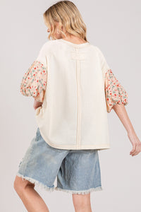 SAGE + FIG Solid Floral Contrast Bubble Sleeve Oversized Top