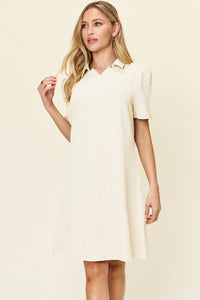 Double Take Solid Color Textured Collared Short Sleeve Dress