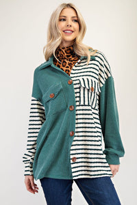 Celeste Turquoise Striped Button Up Dropped Shoulder Shacket