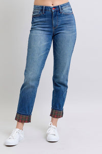 Judy Blue Plaid Cuffed Blue Denim Straight Leg Jeans