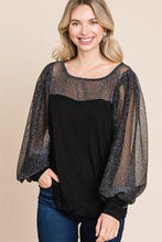 Загрузить изображение в средство просмотра галереи, Super Lady Black Sheer Metallic Lantern Sleeve Knit Top
