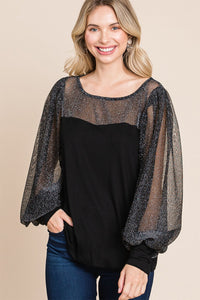 Super Lady Black Sheer Metallic Lantern Sleeve Knit Top