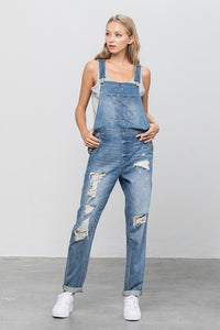 Insana Gene Destroyed Medium Washed Blue Denim Overalls