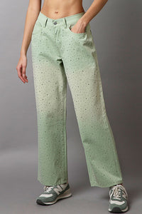 POL Green Gradient Rhinestone Embellished Wide Leg Pants