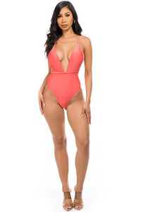 Mermaid Swimwear Crisscross Tie Back Deep V One Piece Swimsuit