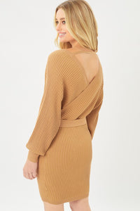 Love Tree Brown Off Shoulder Wrap Belted Ribbed Knit Bodycon Dress