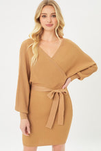 Load image into Gallery viewer, Love Tree Brown Off Shoulder Wrap Belted Ribbed Knit Bodycon Dress
