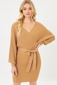 Love Tree Brown Off Shoulder Wrap Belted Ribbed Knit Bodycon Dress