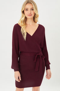 Love Tree Brown Off Shoulder Wrap Belted Ribbed Knit Bodycon Dress