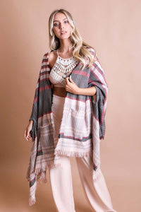 Leto Tartan Check Pocket Frayed Edge Ruana Wrap