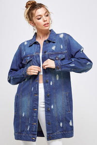 Blue Age Washed Distressed Longline Denim Jacket