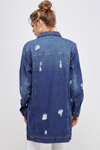 Blue Age Washed Distressed Longline Denim Jacket