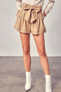 Do + Be Taupe Belted Tie Waist Pleated Shorts