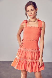 Do + Be Smocked Tiered Ruffle Embroidered Mini Dress