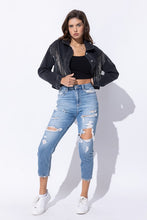 Ladda upp bild till gallerivisning, Sweet Generis Washed Rhinestone Fringe Cropped Denim Jacket
