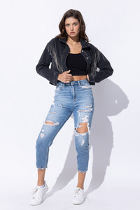 Sweet Generis Washed Rhinestone Fringe Cropped Denim Jacket