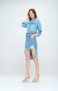 Blue Age Destroyed Hem Blue Denim Jean Skirt