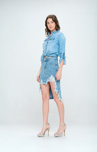 Blue Age Destroyed Hem Blue Denim Jean Skirt