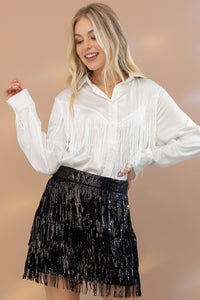 Blue B Satin Chevron Fringe Button Down Shirt