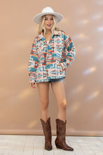 Load image into Gallery viewer, Blue B Multicolor Western Aztec Curved Raw Hem Shacket
