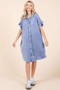 Mittoshop Blue Mineral Washed Cotton Gauze Mini Shirt Dress