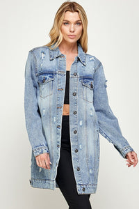 Blue Age Washed Distressed Longline Denim Jacket