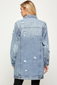 Blue Age Washed Distressed Longline Denim Jacket