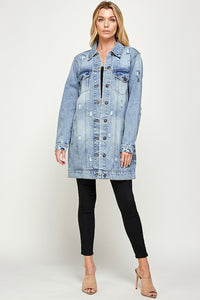 Blue Age Washed Distressed Longline Denim Jacket