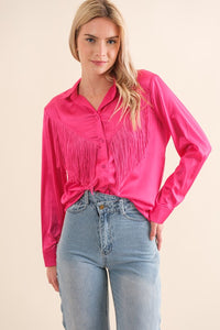 Blue B Satin Chevron Fringe Button Down Shirt