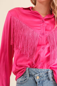 Blue B Satin Chevron Fringe Button Down Shirt