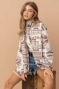 Blue B Multicolor Western Aztec Curved Raw Hem Shacket