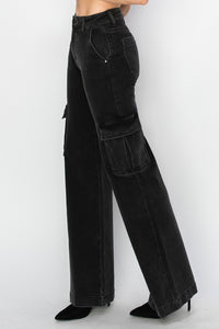 Risen Black Denim Wide Leg Cargo Jeans