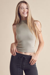 Yelete Solid Color Mock Neck Cropped Ribbed Knit Top