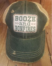 Load image into Gallery viewer, The Goat Stock Booze &amp; Bonfires Vintage Distressed Adjustable Snapback Hat
