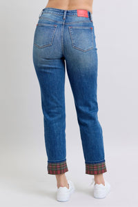 Judy Blue Plaid Cuffed Blue Denim Straight Leg Jeans