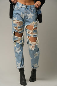 Insane Gene Star Pattern Destroyed Slouchy Straight Leg Blue Denim Jeans