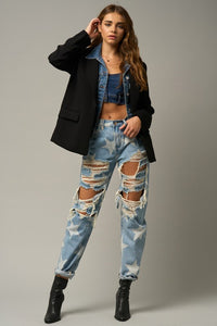 Insane Gene Star Pattern Destroyed Slouchy Straight Leg Blue Denim Jeans