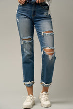 Load image into Gallery viewer, Insane Gene Mid Rise Destroyed Raw Distressed Frayed Hem Cropped Blue Denim Boyfriend Jeans
