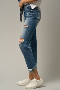 Insane Gene Mid Rise Destroyed Raw Distressed Frayed Hem Cropped Blue Denim Boyfriend Jeans