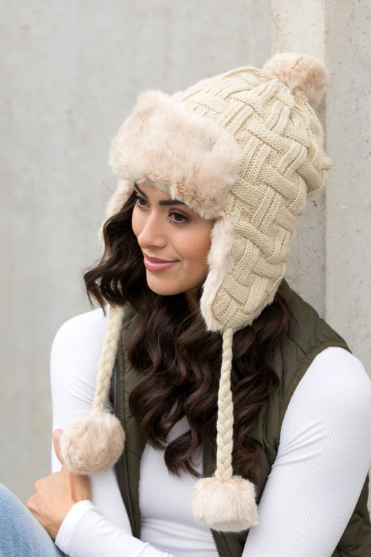 Ali's Corner Cable Weave Pom Trapper Hat