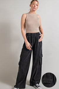 Eesome Mineral Washed Smocked Waist Wide Leg Cargo Pants