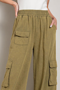 Eesome Mineral Washed Smocked Waist Wide Leg Cargo Pants