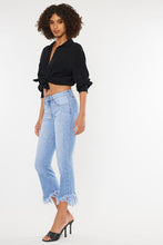 Load image into Gallery viewer, KanCan High Waisted Chewed Frayed Hem Flared Cropped Blue Denim Jeans
