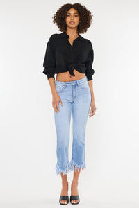 KanCan High Waisted Chewed Frayed Hem Flared Cropped Blue Denim Jeans