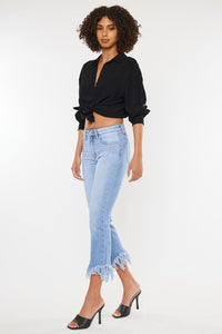 KanCan High Waisted Chewed Frayed Hem Flared Cropped Blue Denim Jeans