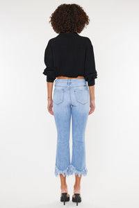 KanCan High Waisted Chewed Frayed Hem Flared Cropped Blue Denim Jeans