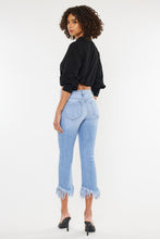 Load image into Gallery viewer, KanCan High Waisted Chewed Frayed Hem Flared Cropped Blue Denim Jeans
