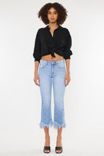 Load image into Gallery viewer, KanCan High Waisted Chewed Frayed Hem Flared Cropped Blue Denim Jeans
