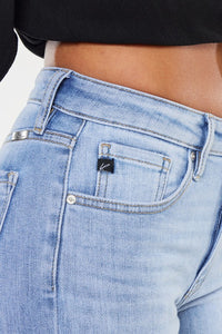 KanCan High Waisted Chewed Frayed Hem Flared Cropped Blue Denim Jeans